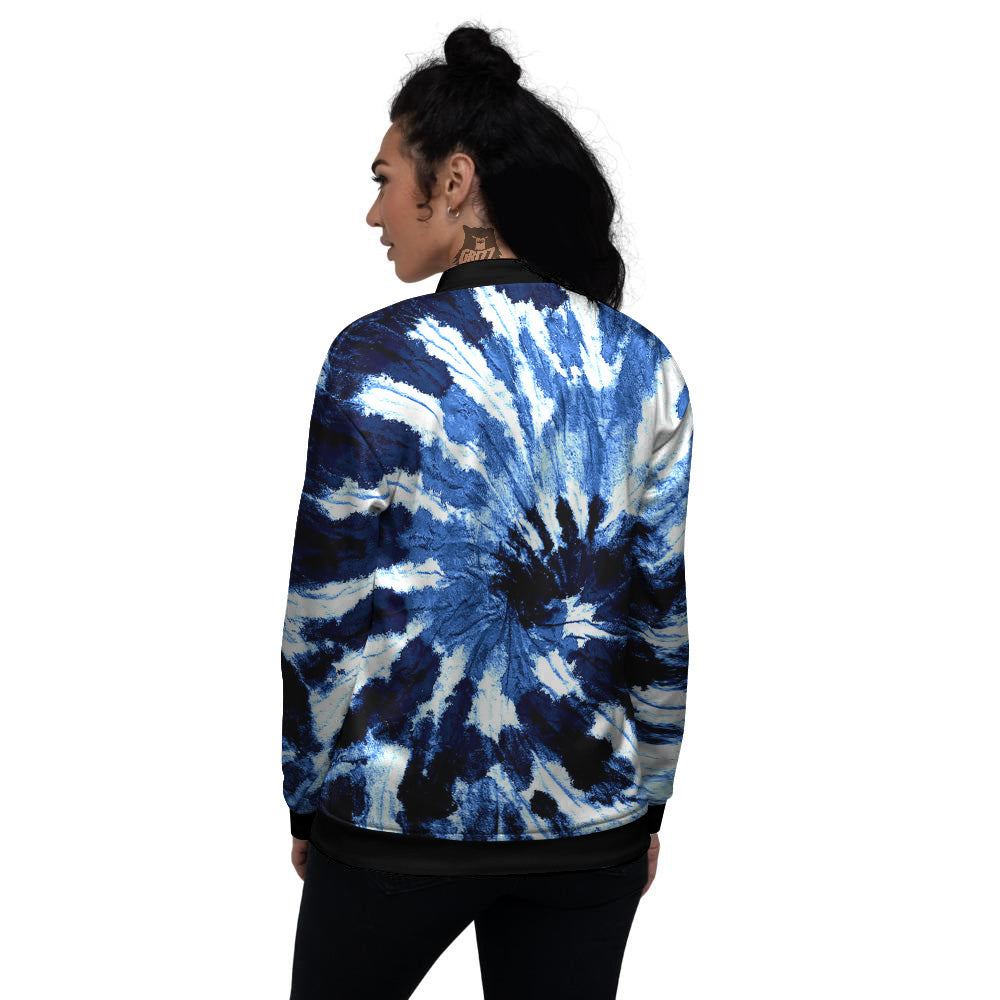 Tie Dye Black And Blue Print Women's Bomber Jacket-grizzshop