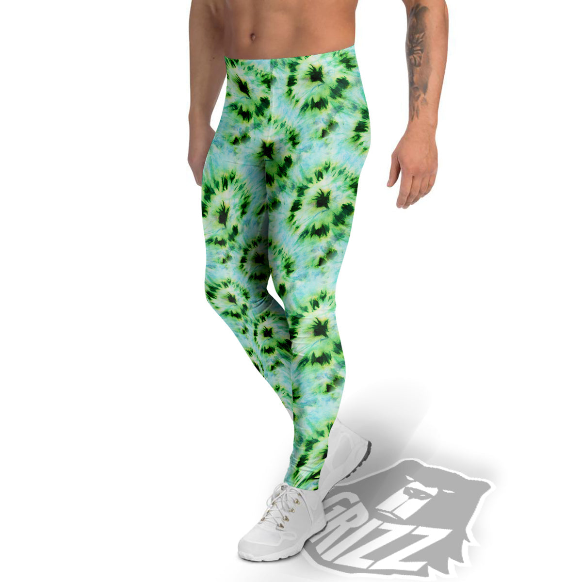 Tie Dye Black Green Watercolor Print Men's Leggings-grizzshop