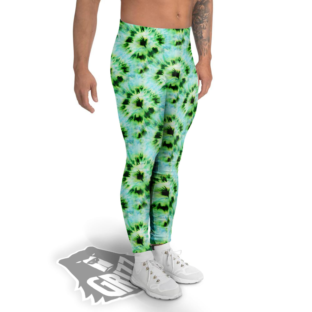 Tie Dye Black Green Watercolor Print Men's Leggings-grizzshop