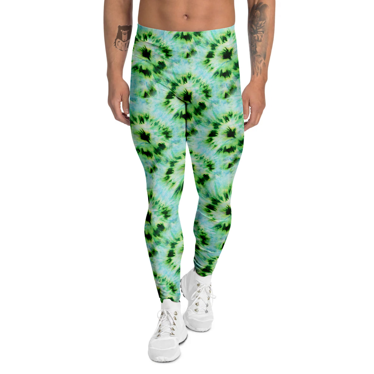 Tie Dye Black Green Watercolor Print Men's Leggings-grizzshop