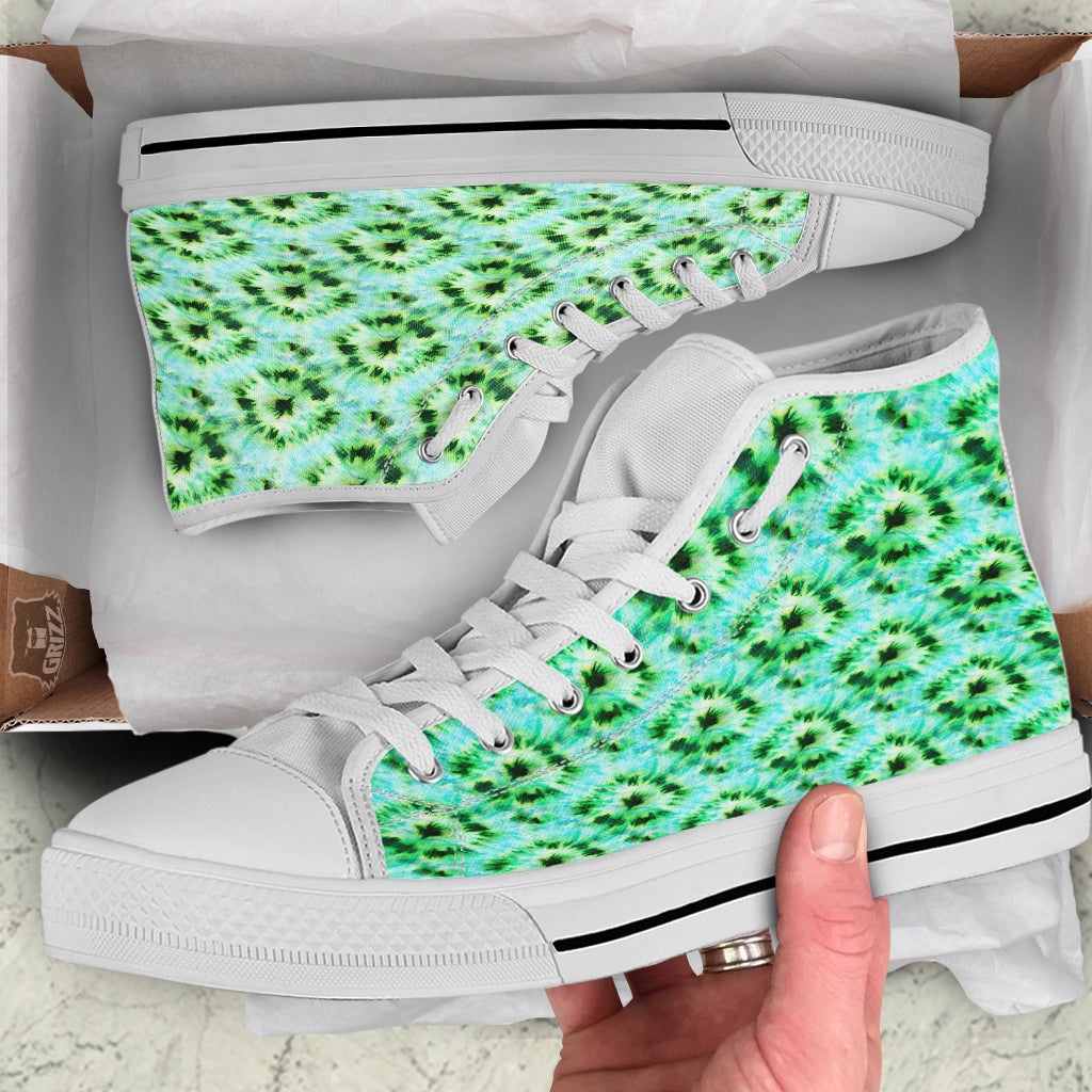Tie Dye Black Green Watercolor Print White High Top Shoes-grizzshop