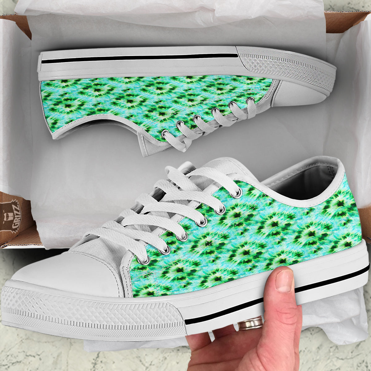 Tie Dye Black Green Watercolor Print White Low Top Shoes-grizzshop