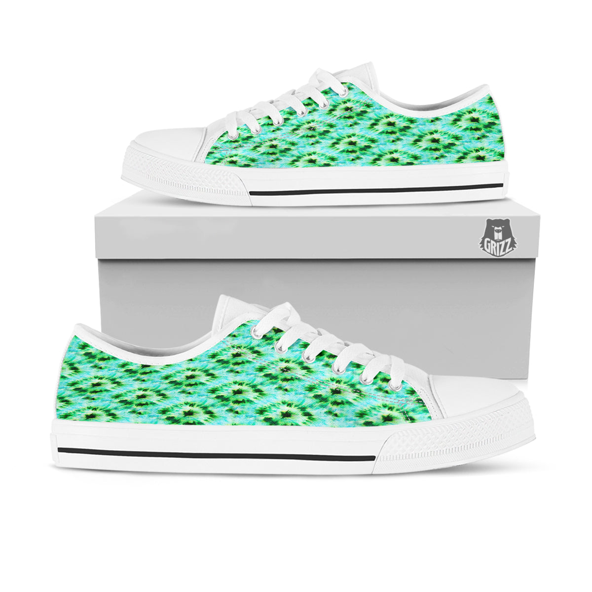 Tie Dye Black Green Watercolor Print White Low Top Shoes-grizzshop