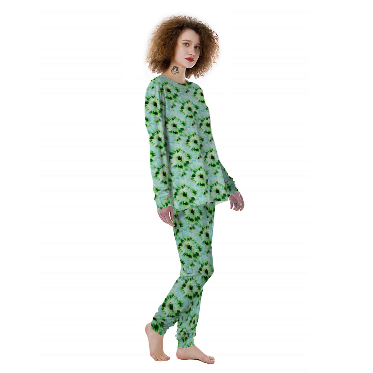 Tie Dye Black Green Watercolor Print Women's Pajamas-grizzshop