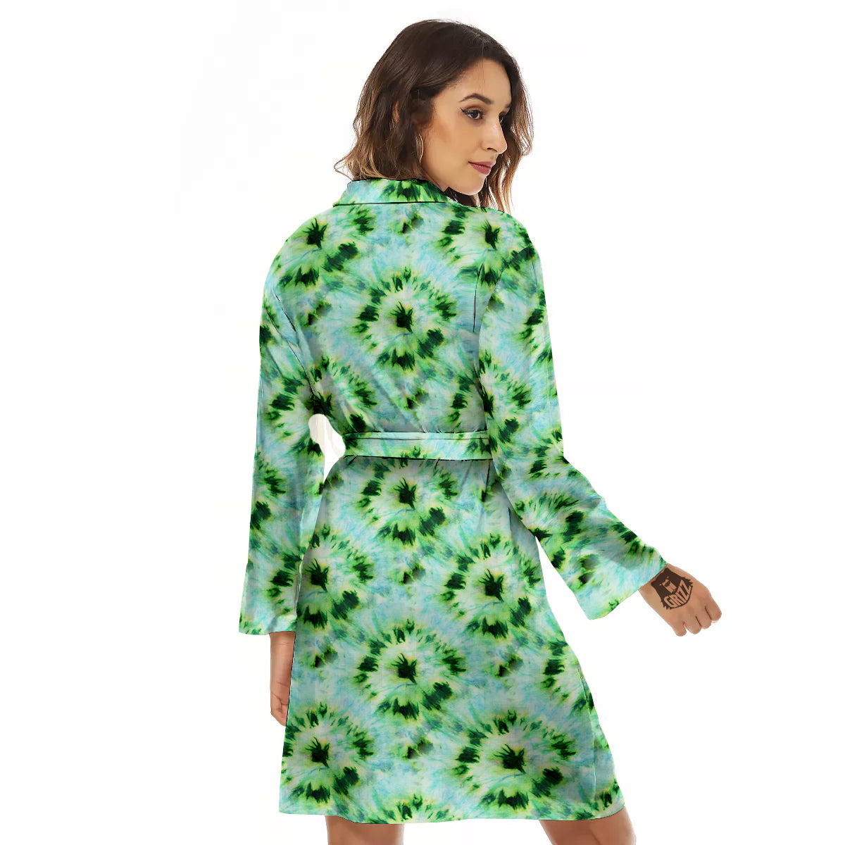 Tie Dye Black Green Watercolor Print Women's Robe-grizzshop