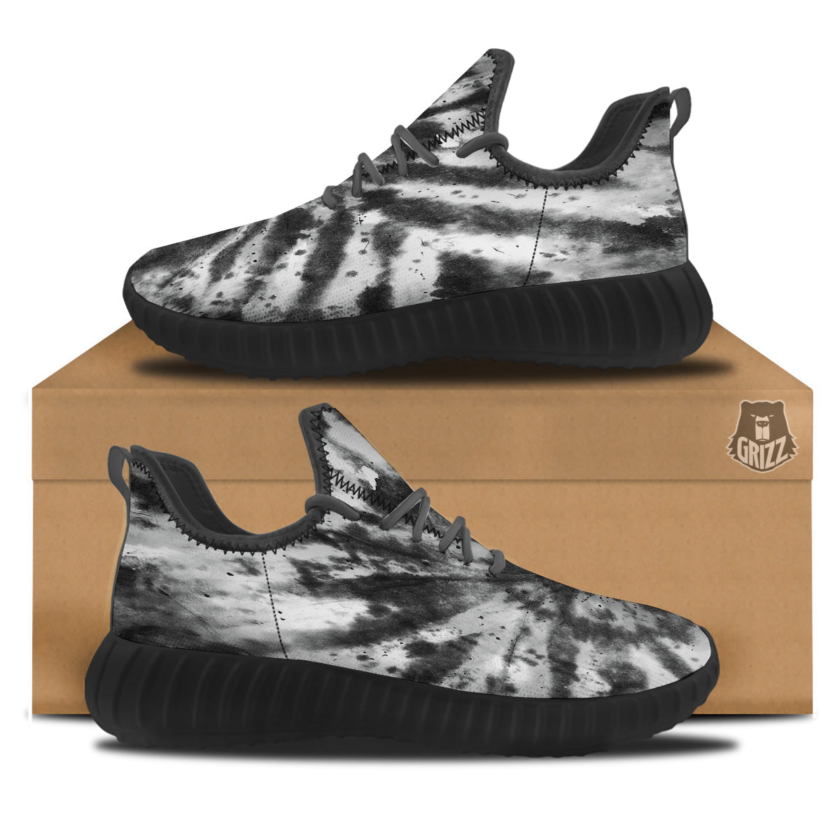 Tie Dye Black White Print Pattern Black Walking Shoes-grizzshop