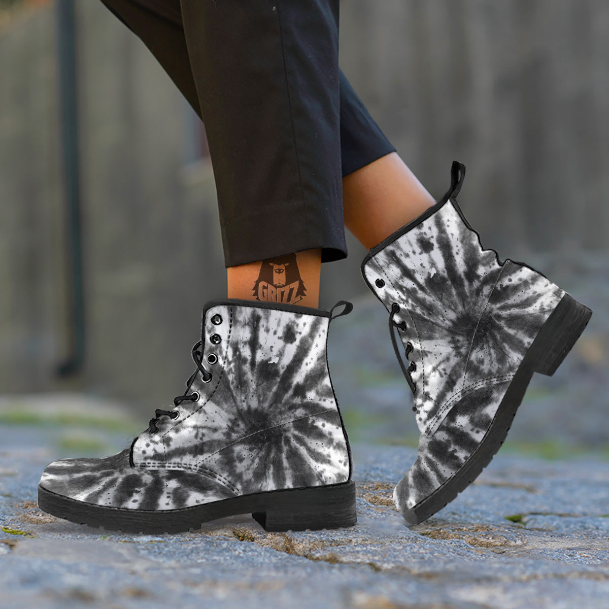 Tie Dye Black White Print Pattern Leather Boots-grizzshop