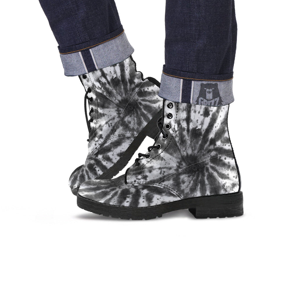 Tie Dye Black White Print Pattern Leather Boots-grizzshop