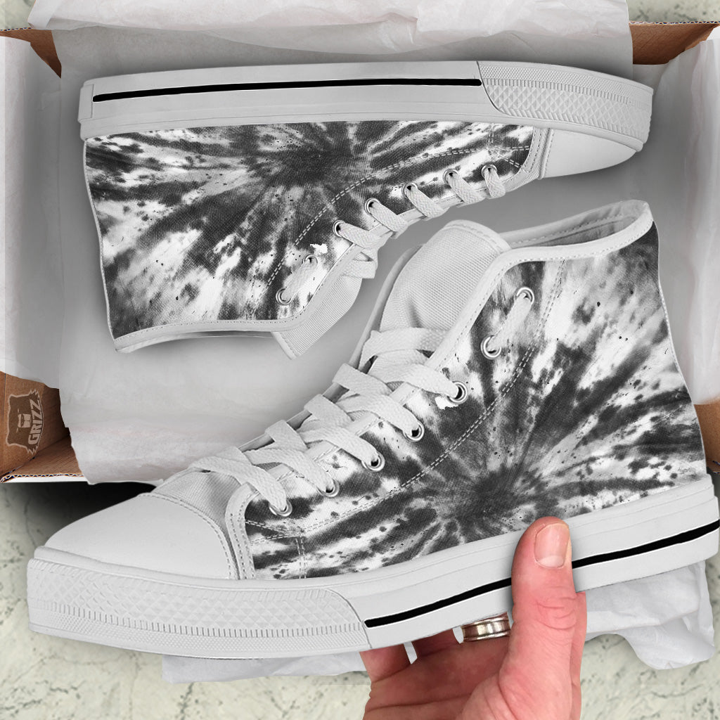 Tie Dye Black White Print Pattern White High Top Shoes-grizzshop