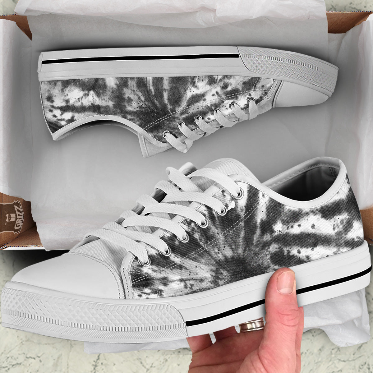 Tie Dye Black White Print Pattern White Low Top Shoes-grizzshop