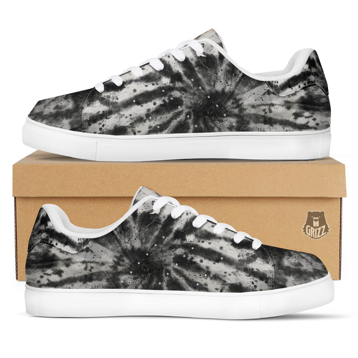 Tie Dye Black White Print Pattern White Low Top Sneakers-grizzshop