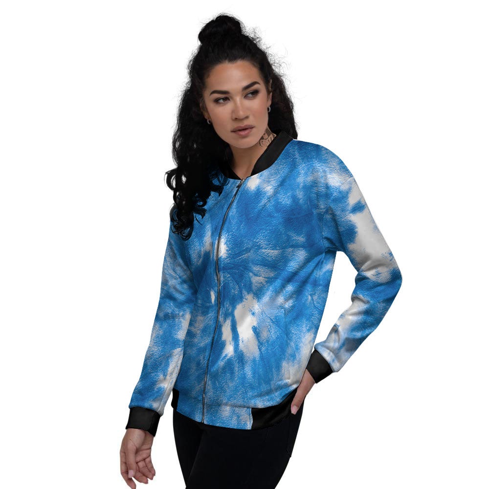 Tie Dye Blue And White Print Women's Bomber Jacket-grizzshop