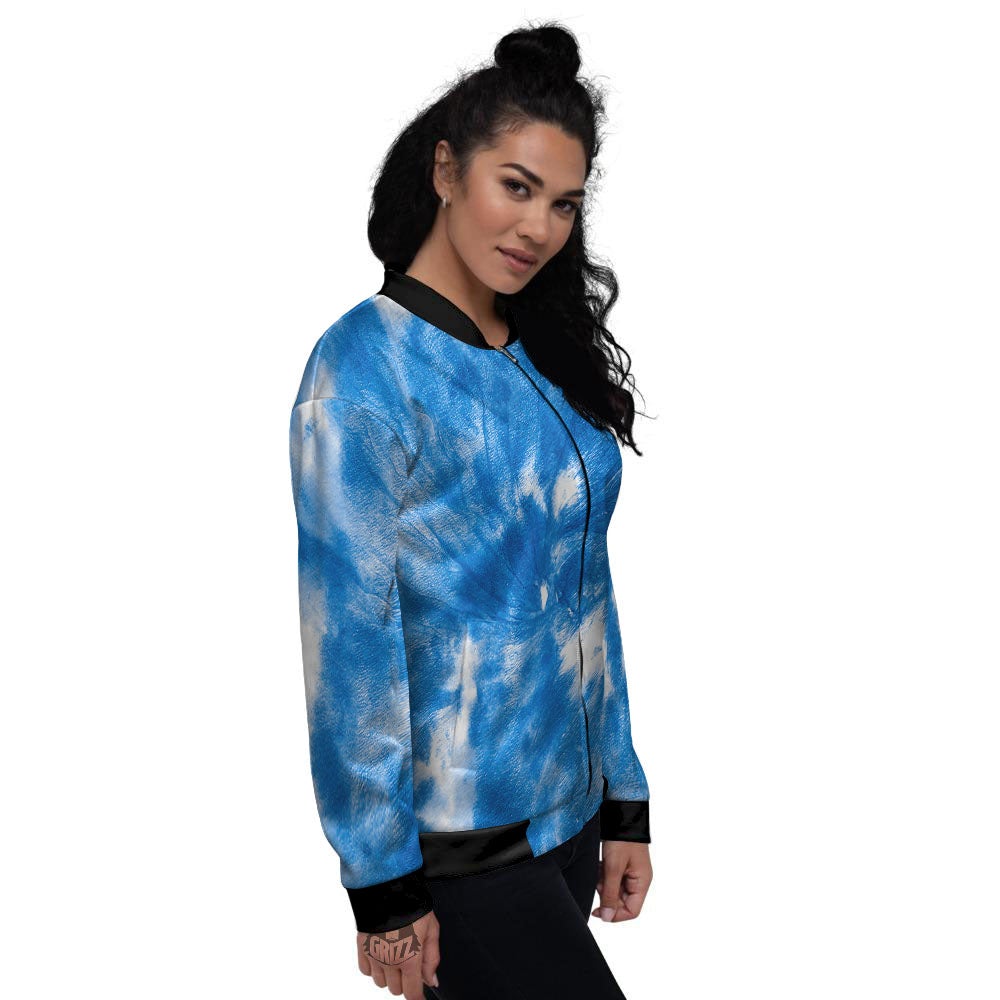 Tie Dye Blue And White Print Women's Bomber Jacket-grizzshop