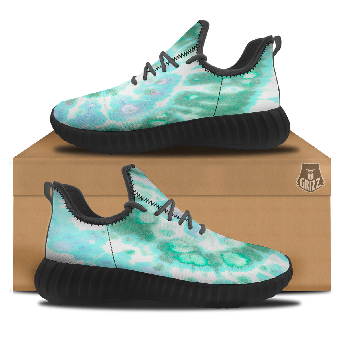 Tie Dye Blue Green And White Print Black Walking Shoes-grizzshop