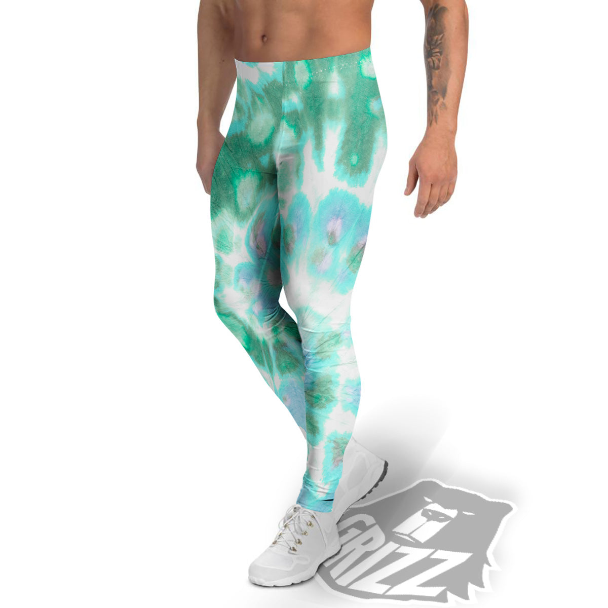 Tie Dye Blue Green And White Print Men's Leggings-grizzshop