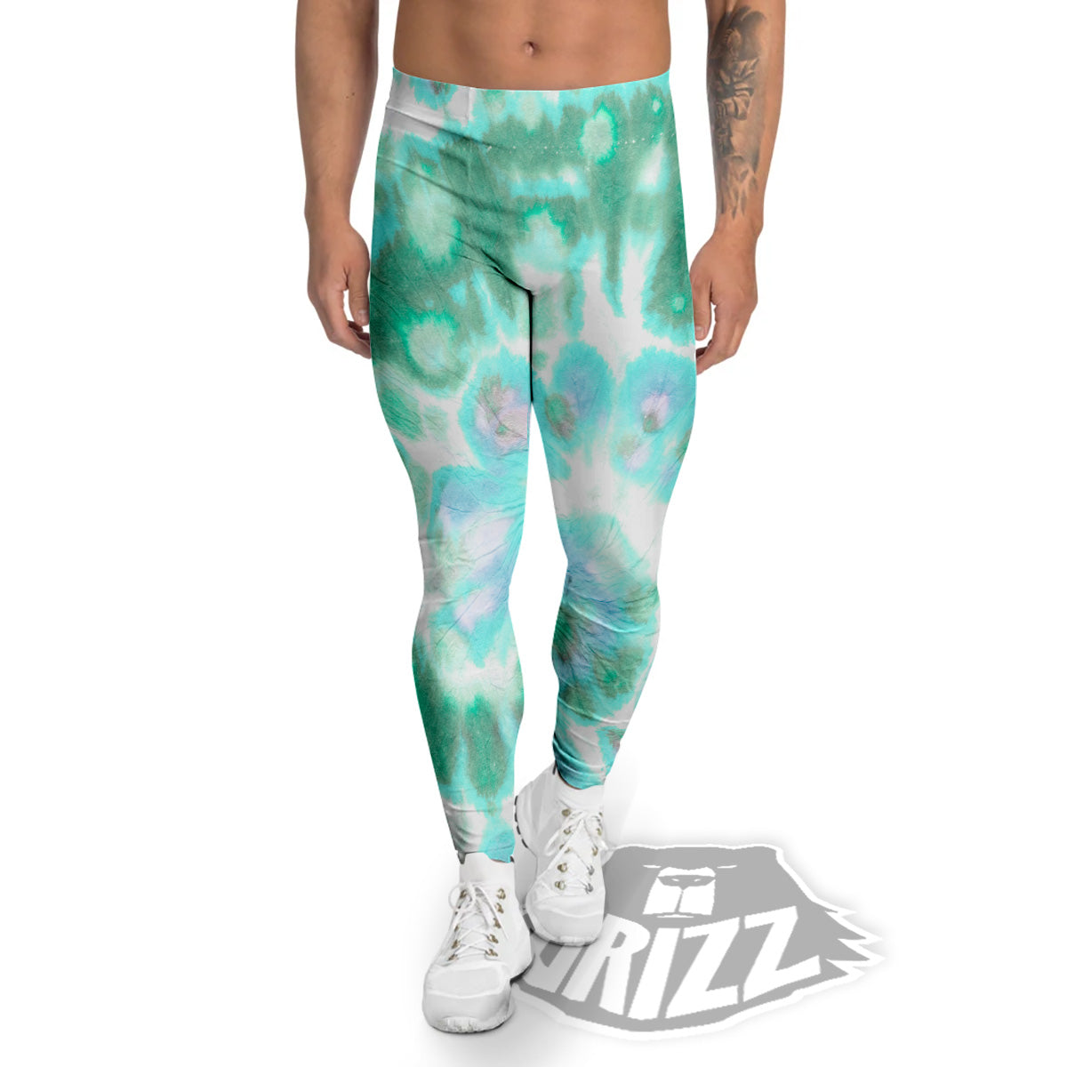 Tie Dye Blue Green And White Print Men's Leggings-grizzshop