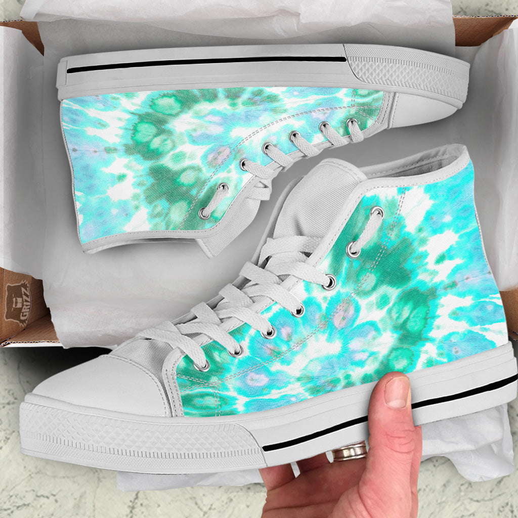 Tie Dye Blue Green And White Print White High Top Shoes-grizzshop