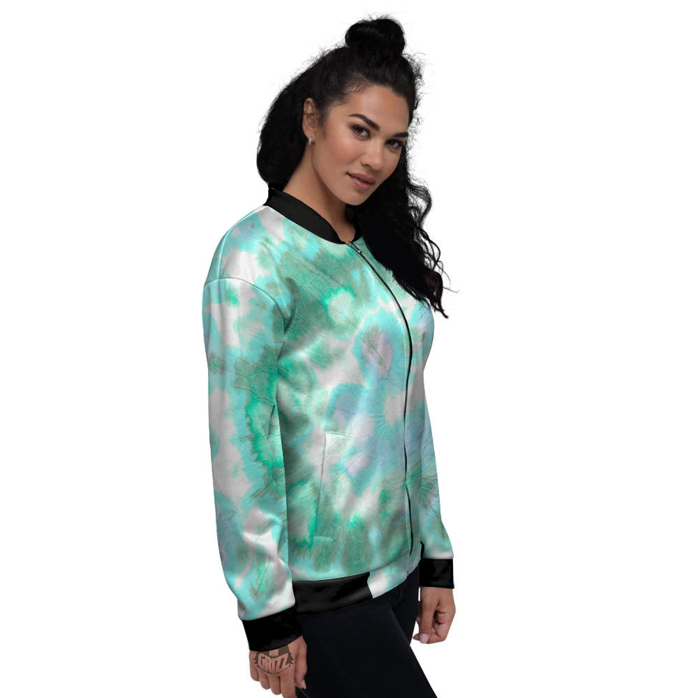 Tie Dye Blue Green And White Print Women's Bomber Jacket-grizzshop