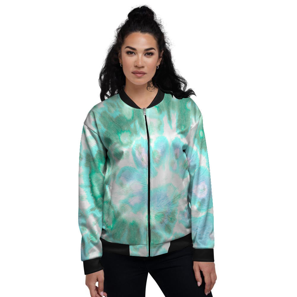 Tie Dye Blue Green And White Print Women's Bomber Jacket-grizzshop