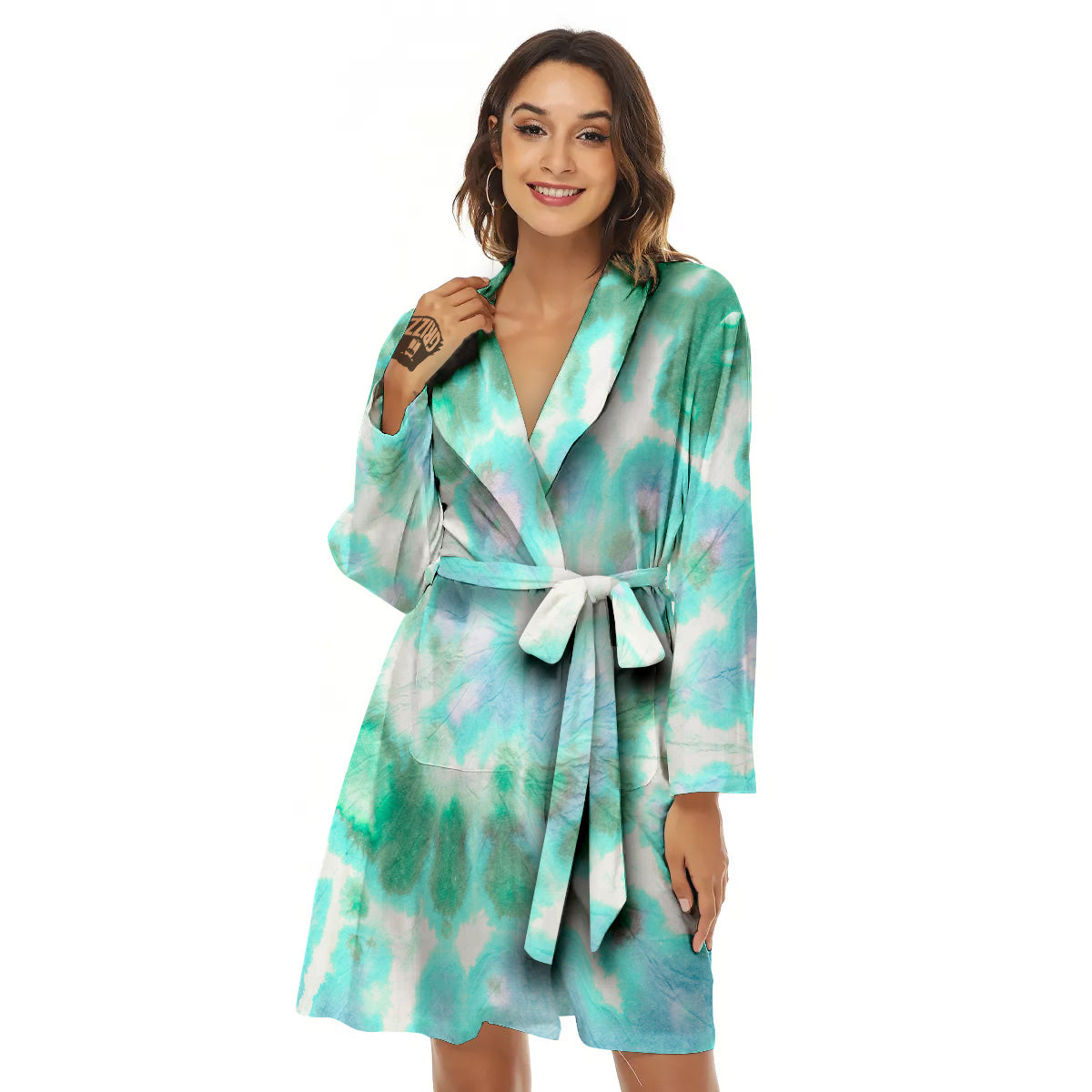 Tie Dye Blue Green And White Print Women's Robe-grizzshop