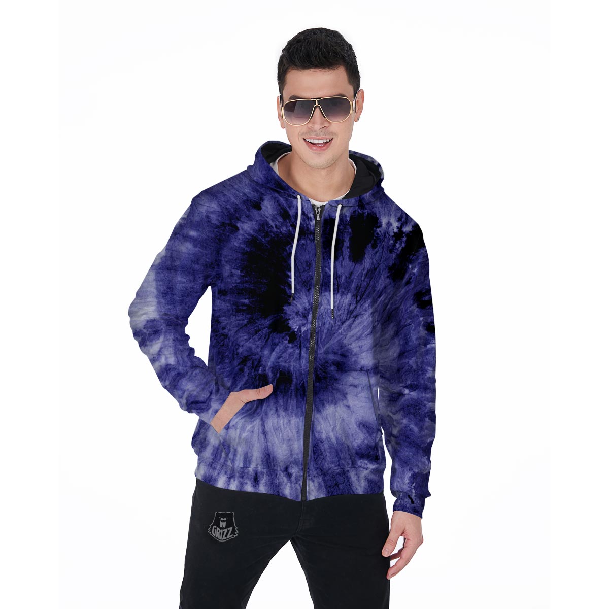 Tie Dye Blue Men's Zip Up Hoodie-grizzshop