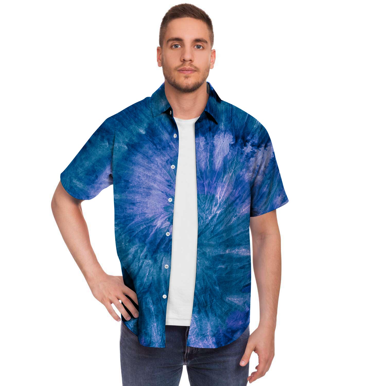 Tie Dye Blue Print Men's Short Sleeve Shirt-grizzshop