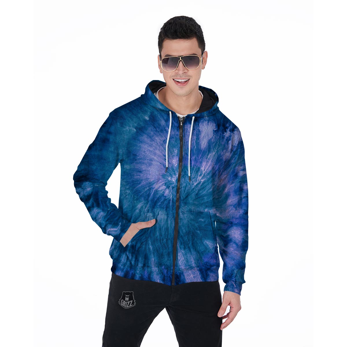 Tie Dye Blue Print Men's Zip Up Hoodie-grizzshop