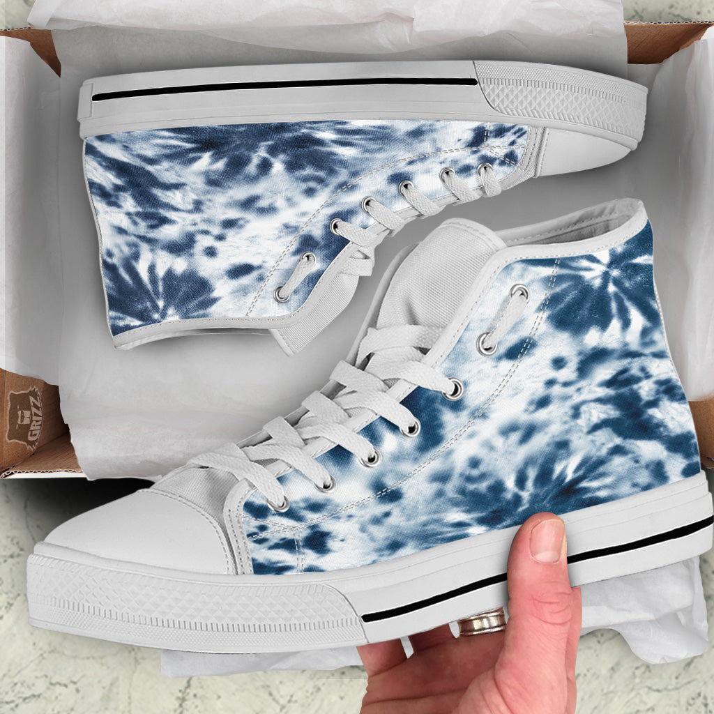 Tie Dye Blue Shibori Print White High Top Shoes-grizzshop