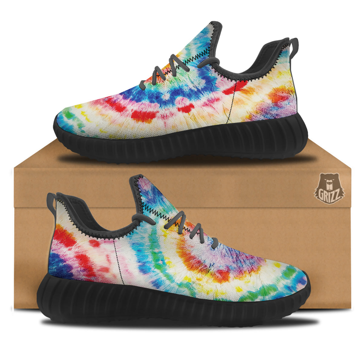 Tie Dye Bright Spiral Print Black Walking Shoes-grizzshop