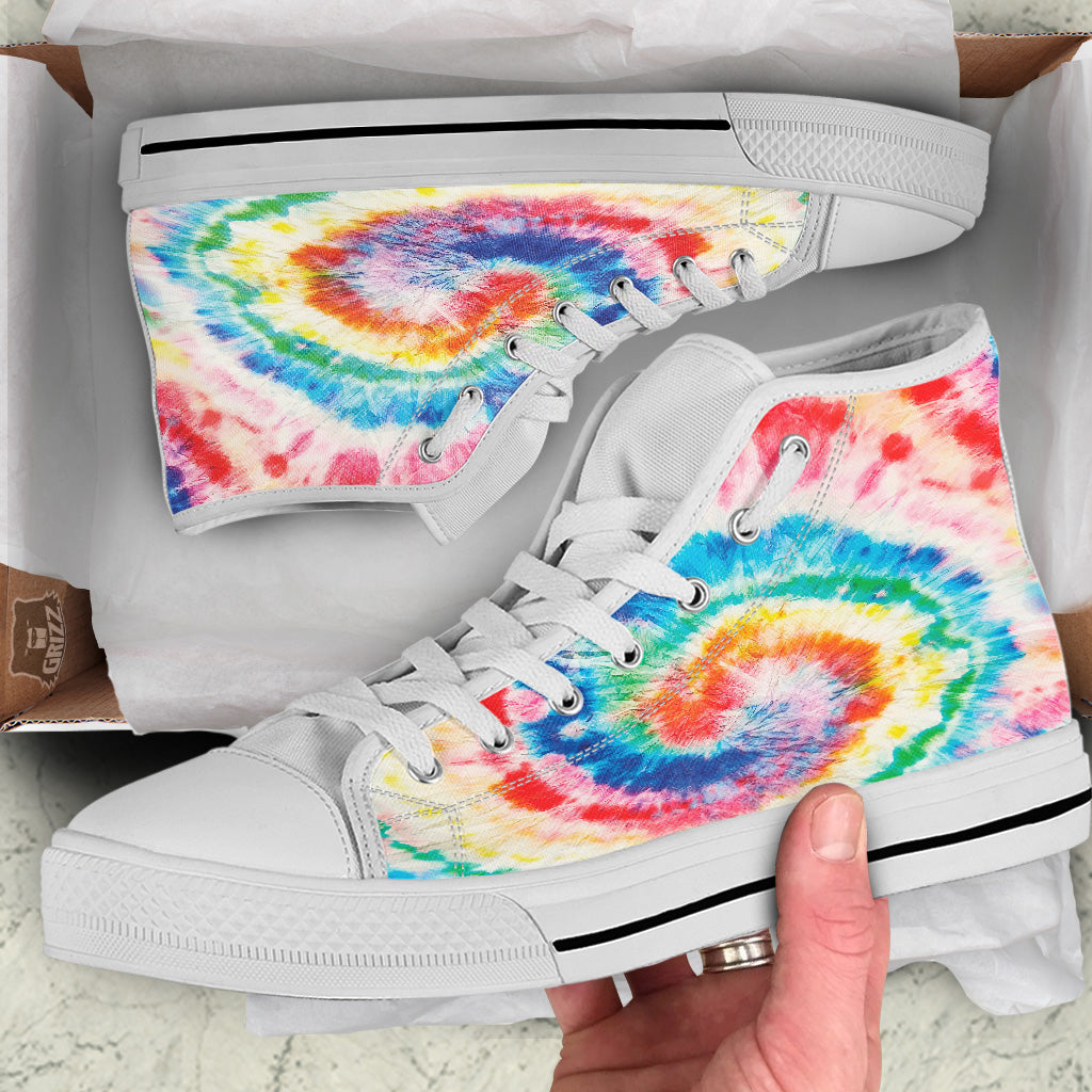 Tie Dye Bright Spiral Print White High Top Shoes-grizzshop