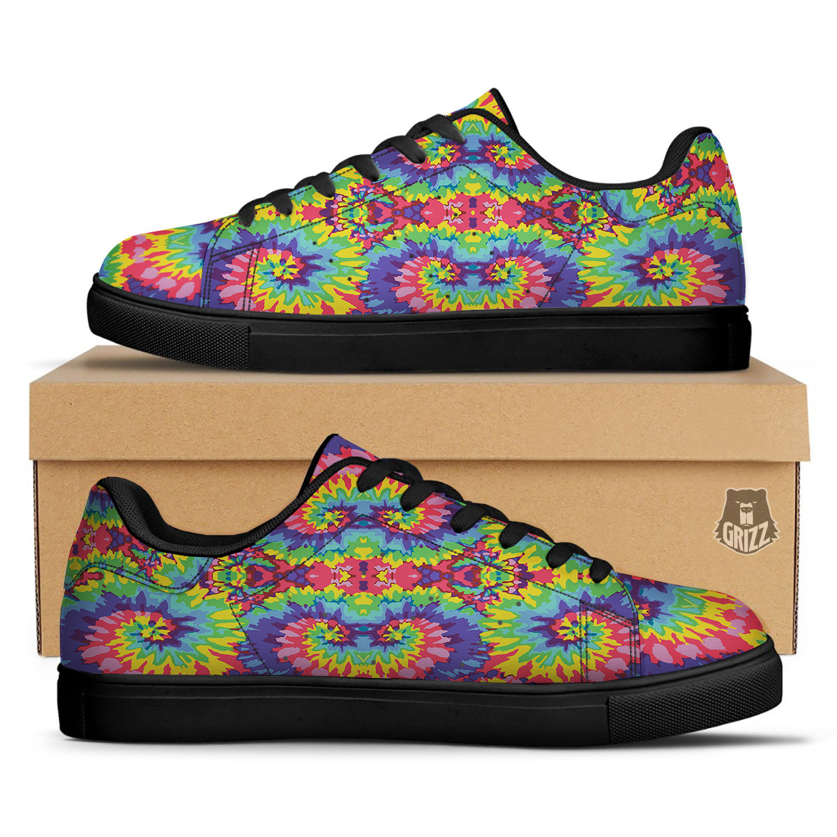 Tie Dye Colorful Abstract Print Pattern Black Low Top Sneakers-grizzshop