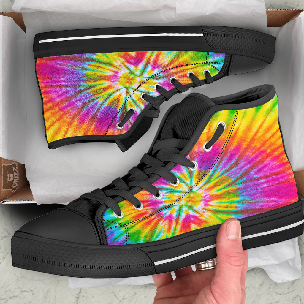 Tie Dye Colorful Hippie Print Black High Top Shoes-grizzshop