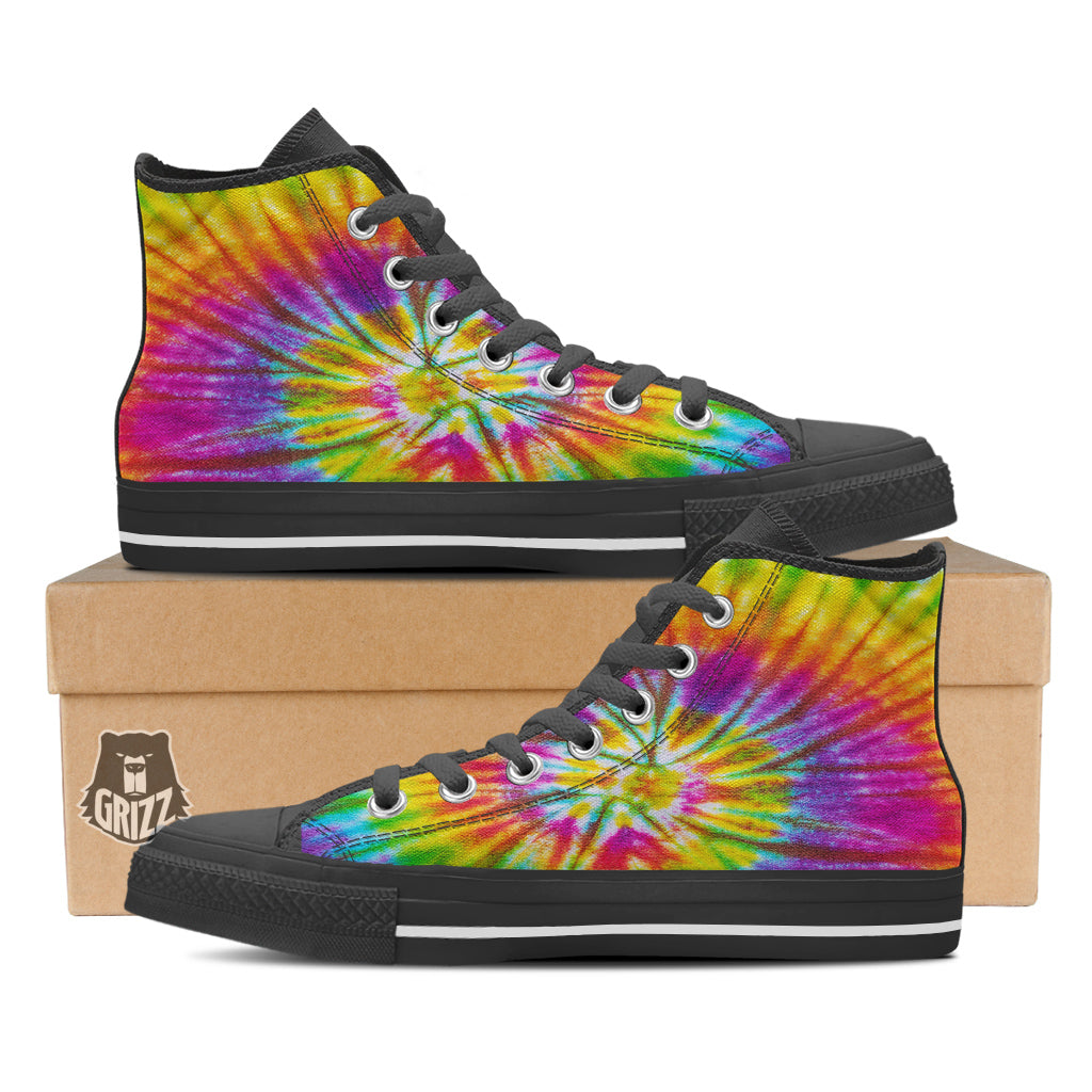 Tie Dye Colorful Hippie Print Black High Top Shoes-grizzshop