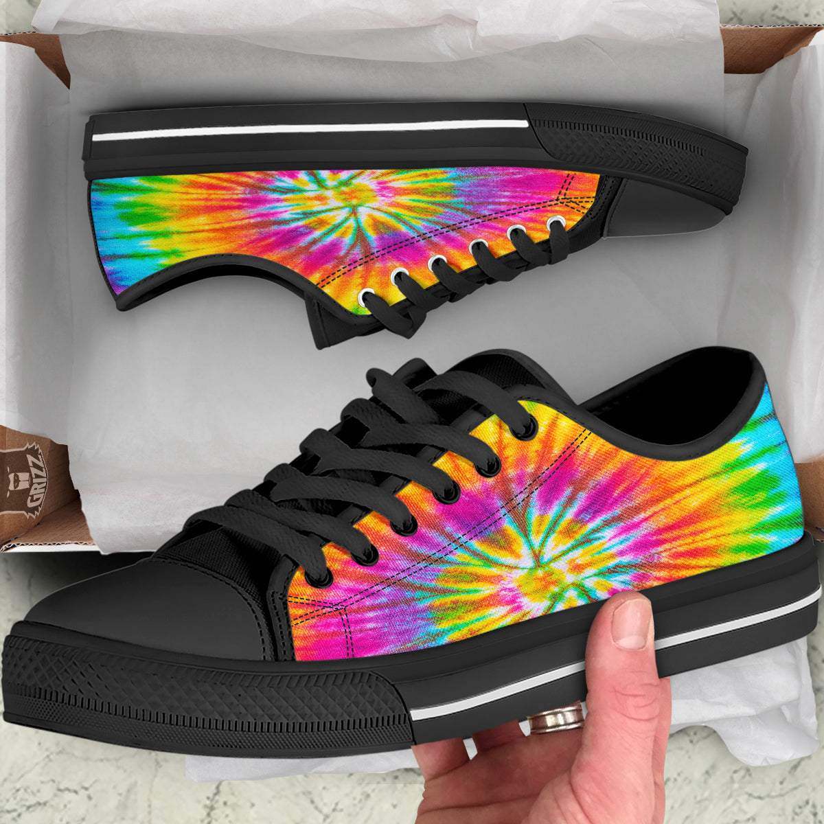 Tie Dye Colorful Hippie Print Black Low Top Shoes-grizzshop