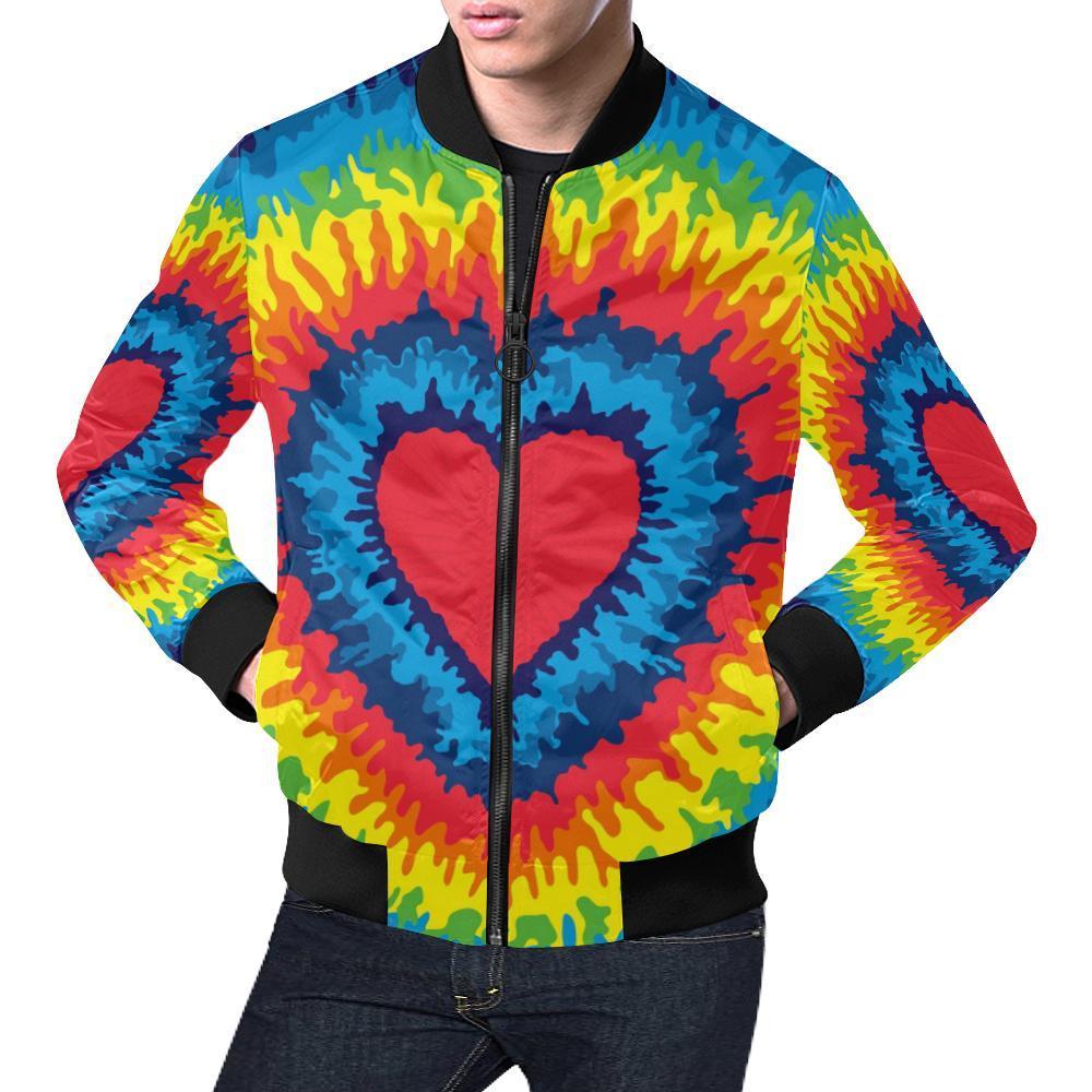 Tie Dye Heart Pattern Print Men's Bomber Jacket-grizzshop