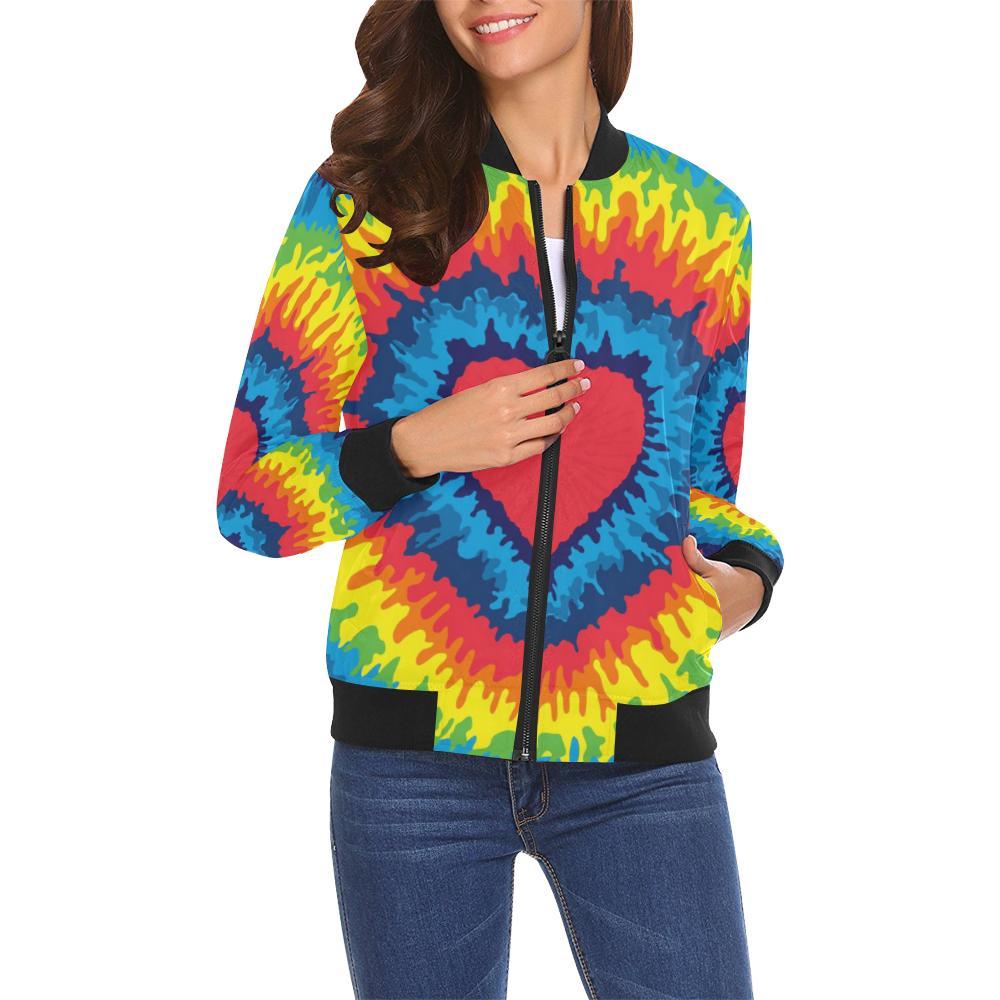 Tie Dye Heart Pattern Print Women Casual Bomber Jacket-grizzshop