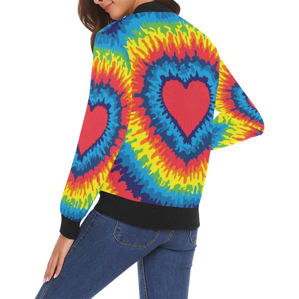 Tie Dye Heart Pattern Print Women Casual Bomber Jacket-grizzshop