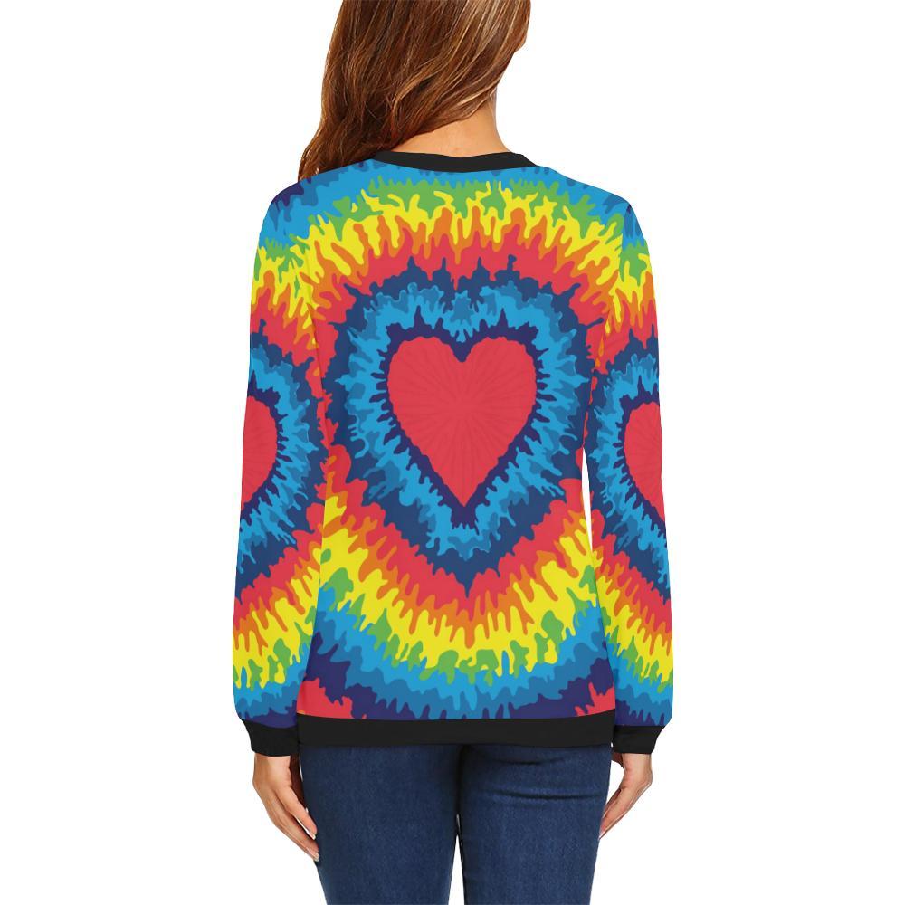 Tie Dye Heart Pattern Print Women Crewneck Sweatshirt-grizzshop