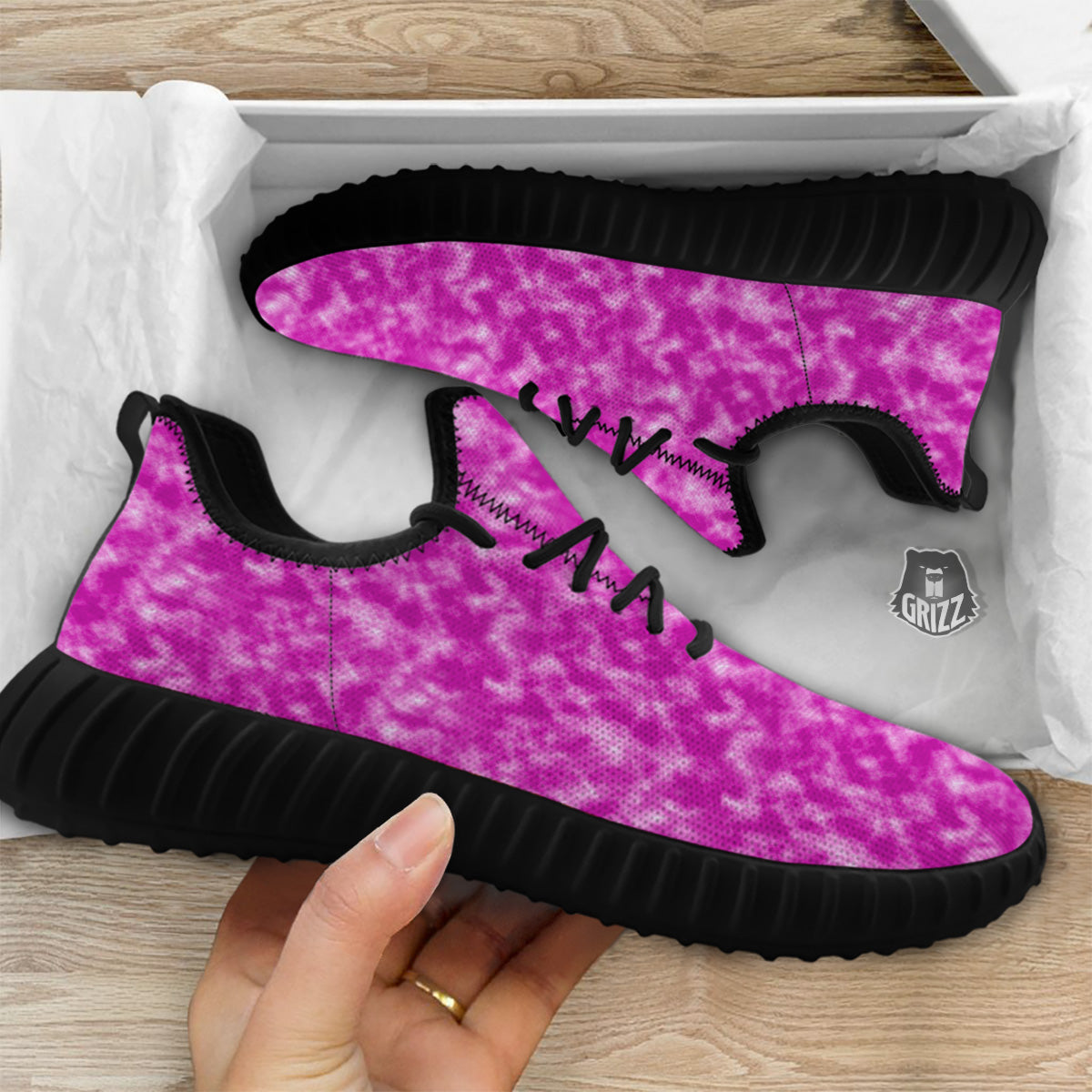 Tie Dye Hot Pink Print Pattern Black Walking Shoes-grizzshop