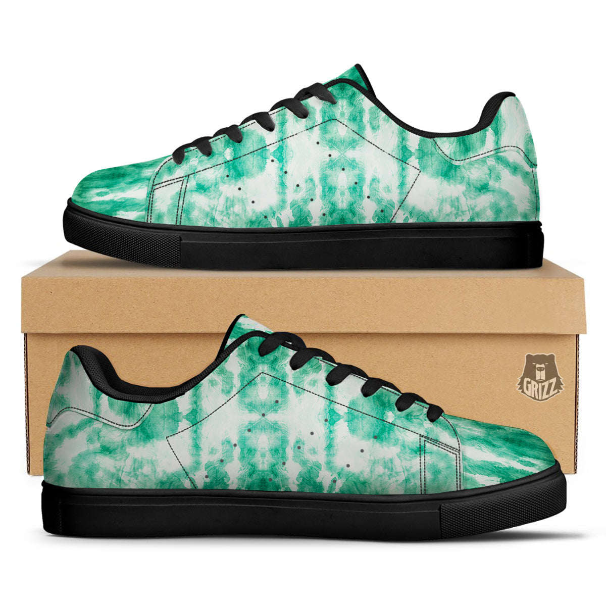Tie Dye Mint Green Watercolor Print Black Low Top Sneakers-grizzshop