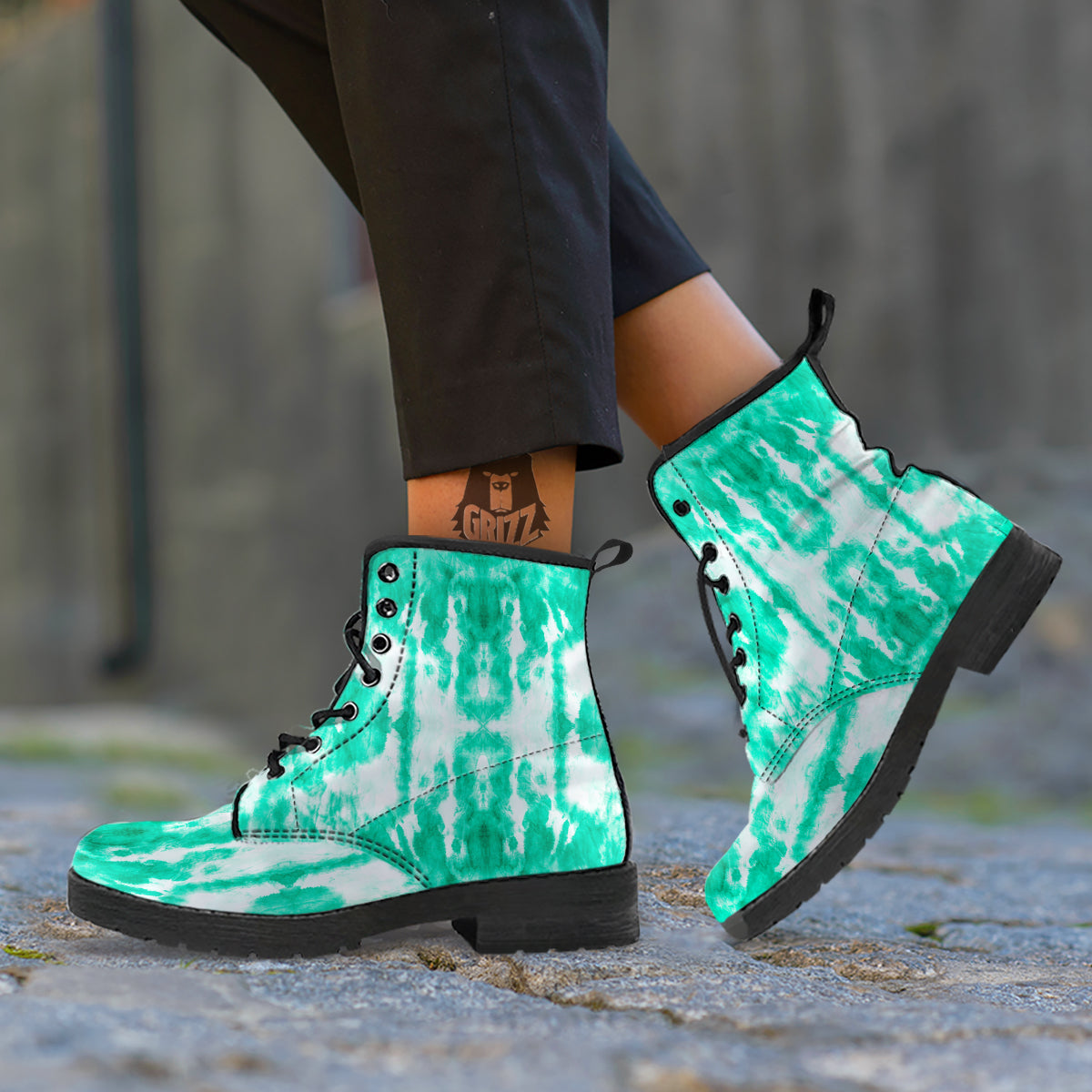 Tie Dye Mint Green Watercolor Print Leather Boots-grizzshop
