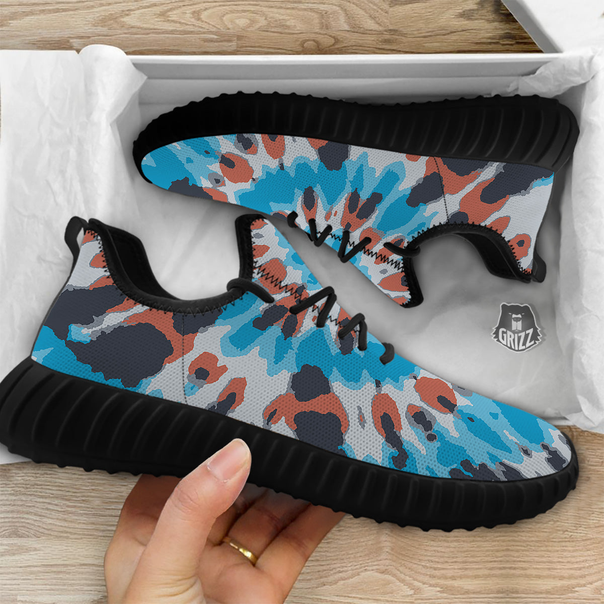 Tie Dye Orange And Blue Print Black Walking Shoes-grizzshop