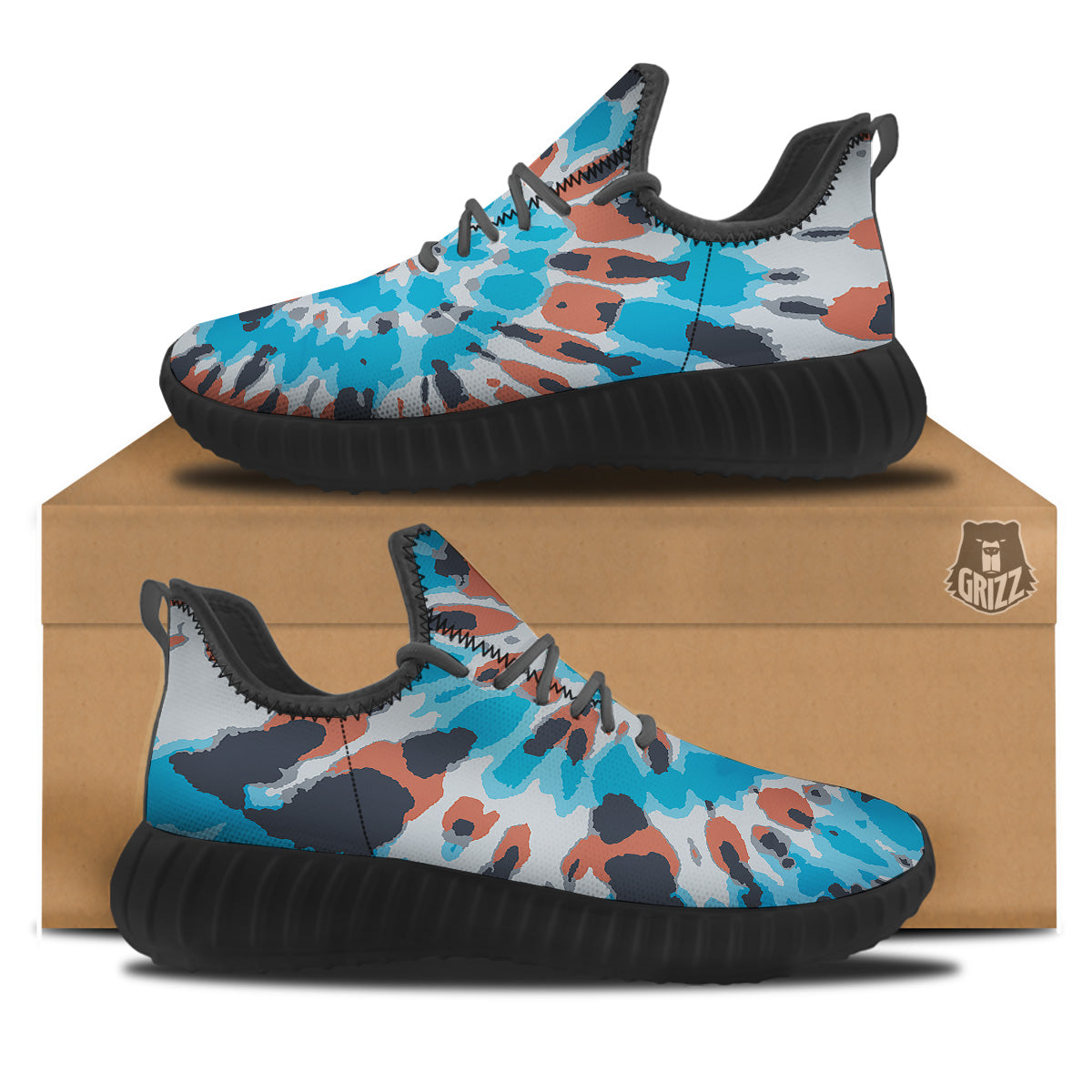 Tie Dye Orange And Blue Print Black Walking Shoes-grizzshop