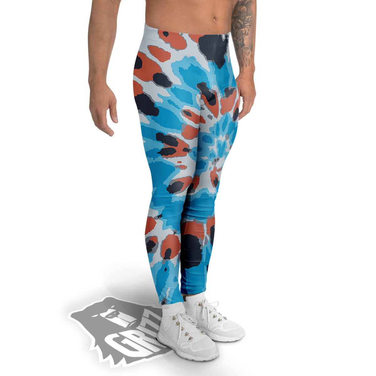 Tie Dye Orange And Blue Print Men's Leggings-grizzshop