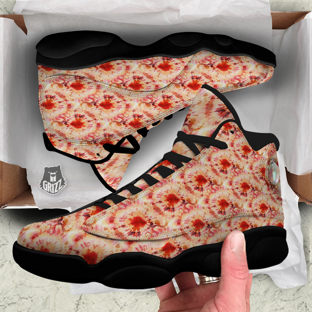Tie Dye Orange And Red Color Print Black Basketball Shoes-grizzshop