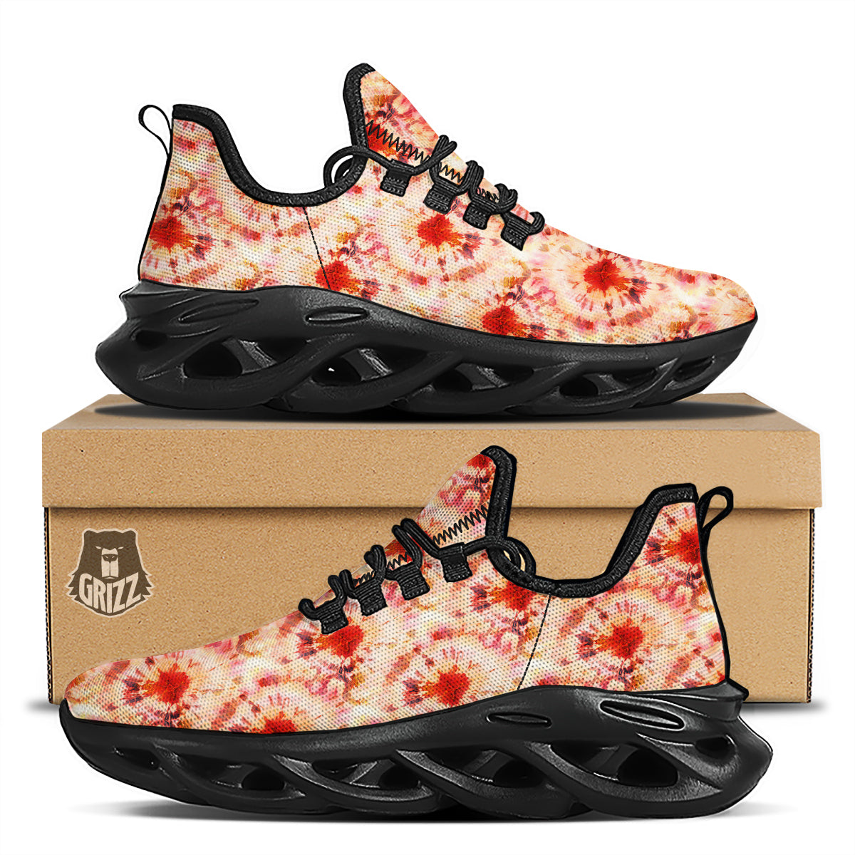 Tie Dye Orange And Red Color Print Black Running Shoes-grizzshop