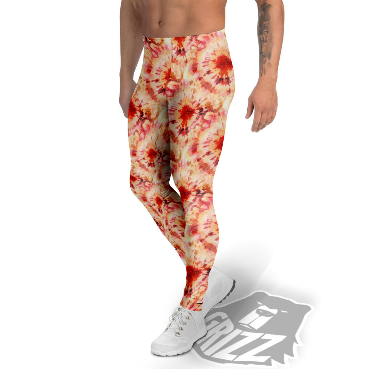 Tie Dye Orange And Red Color Print Men's Leggings-grizzshop