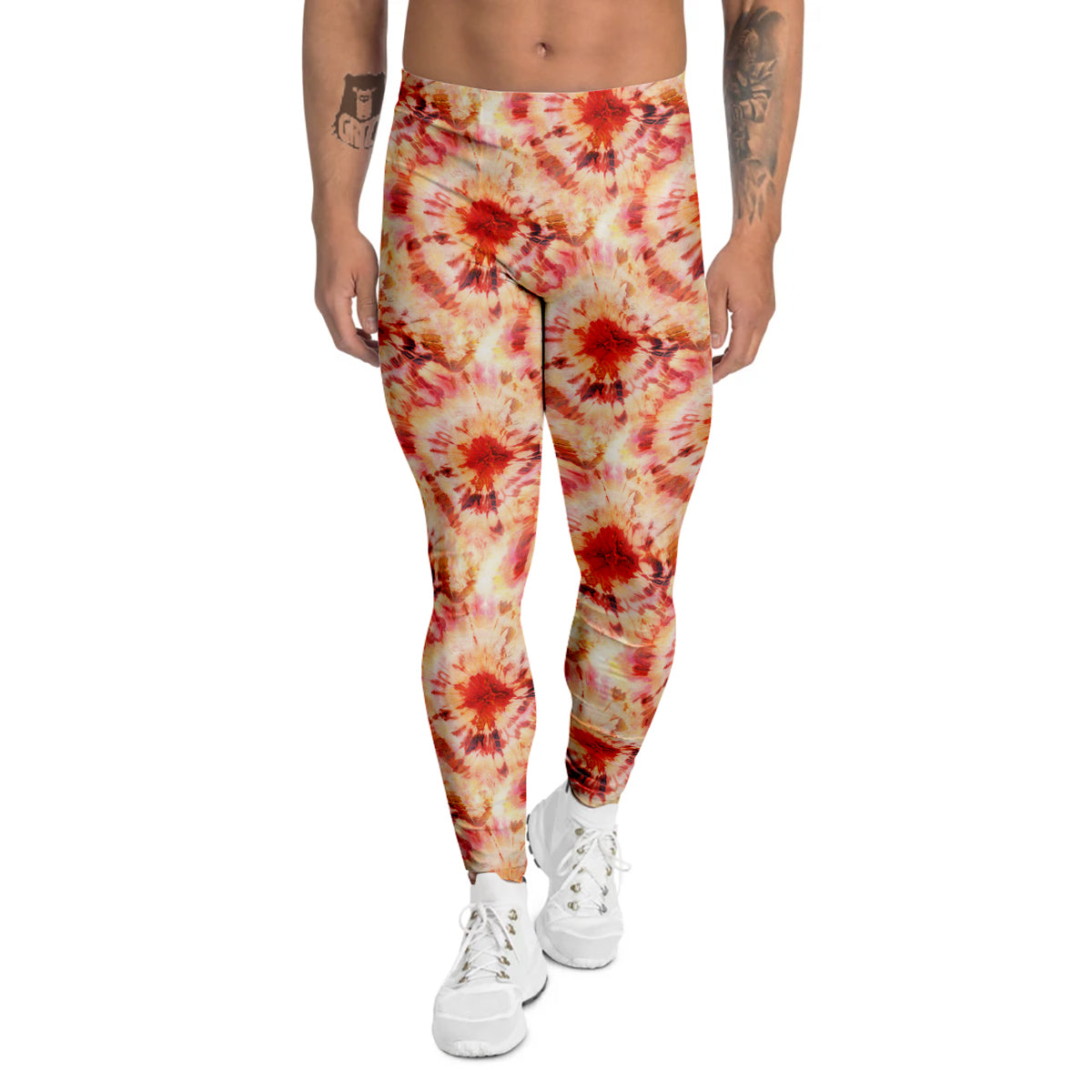 Tie Dye Orange And Red Color Print Men's Leggings-grizzshop