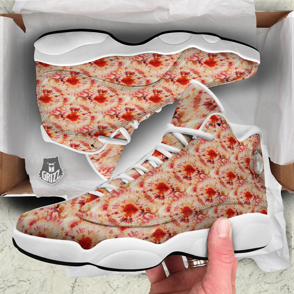 Tie Dye Orange And Red Color Print White Basketball Shoes-grizzshop