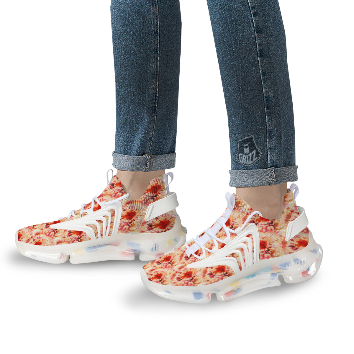 Tie Dye Orange And Red Color Print White Gym Shoes-grizzshop
